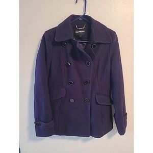 Express Womens Peacoat Plum Purple Small Double Black Buttons Pockets Coat
